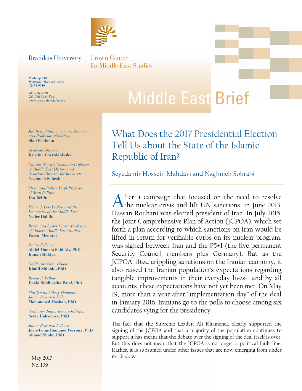 Middle East Brief 109: What Does the 2017 Presidential Election Tell Us About the State of the Islamic Republic of Iran?