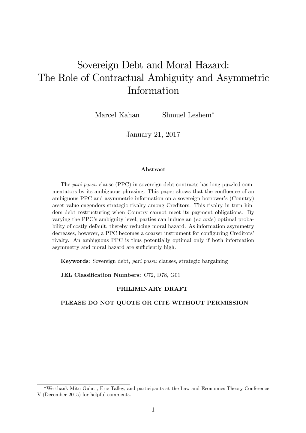 Sovereign Debt and Moral Hazard: the Role of Contractual Ambiguity and Asymmetric Information