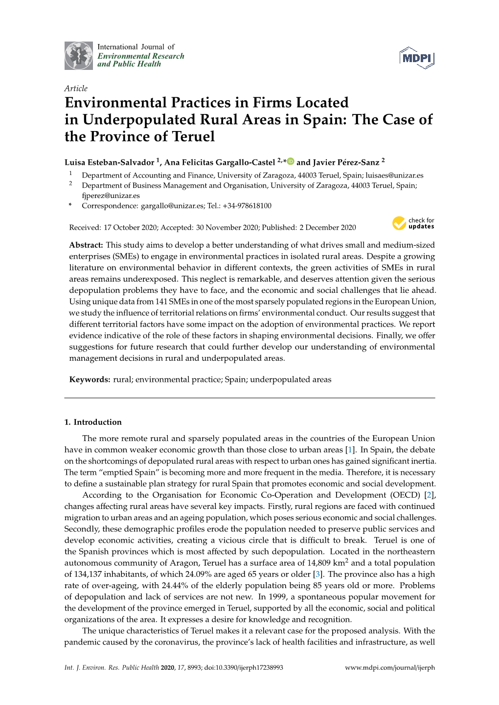 Environmental Practices in Firms Located in Underpopulated Rural Areas in Spain: the Case of the Province of Teruel