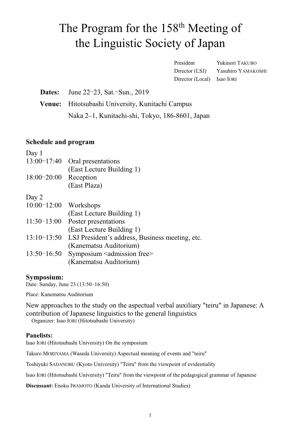 The Program for the 158Th Meeting of the Linguistic Society of Japan