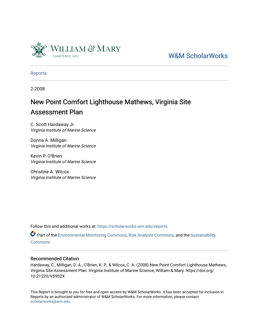 New Point Comfort Lighthouse Mathews, Virginia Site Assessment Plan