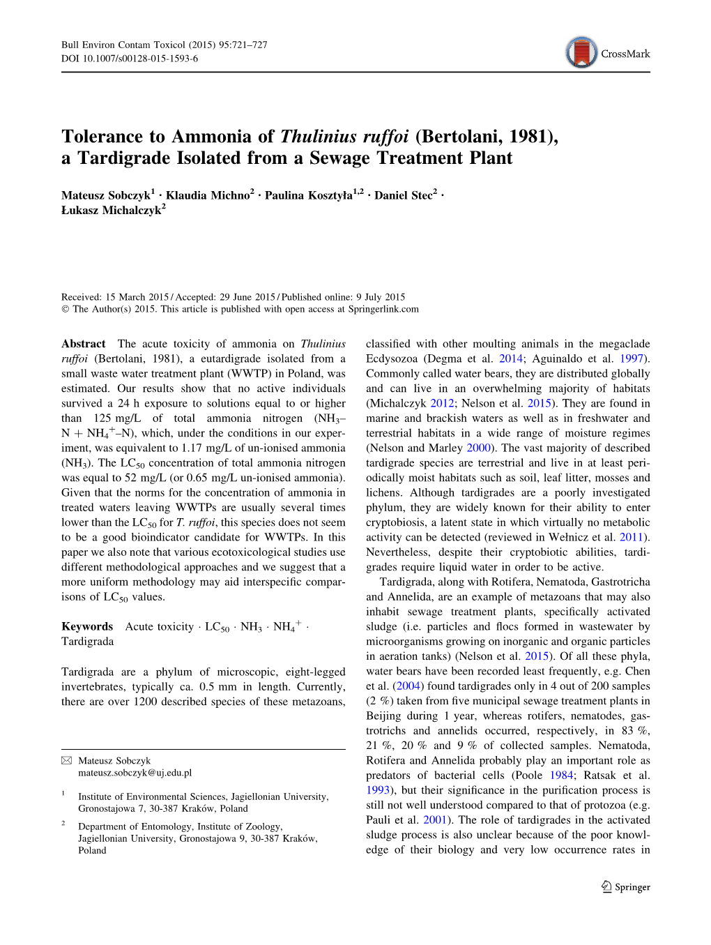 Tolerance to Ammonia of Thulinius Ruffoi (Bertolani, 1981), a Tardigrade Isolated from a Sewage Treatment Plant