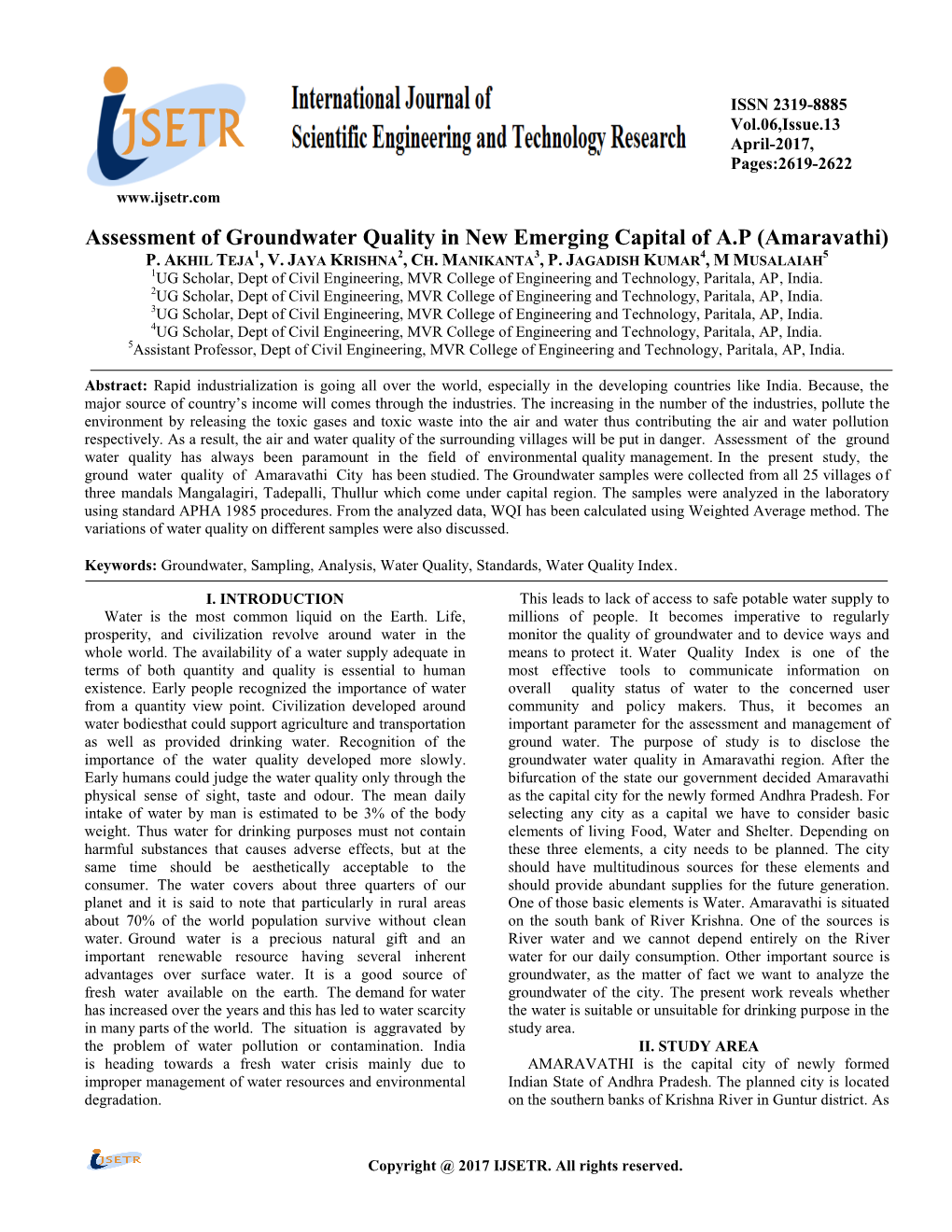 Assessment of Groundwater Quality in New Emerging Capital of A.P (Amaravathi) P