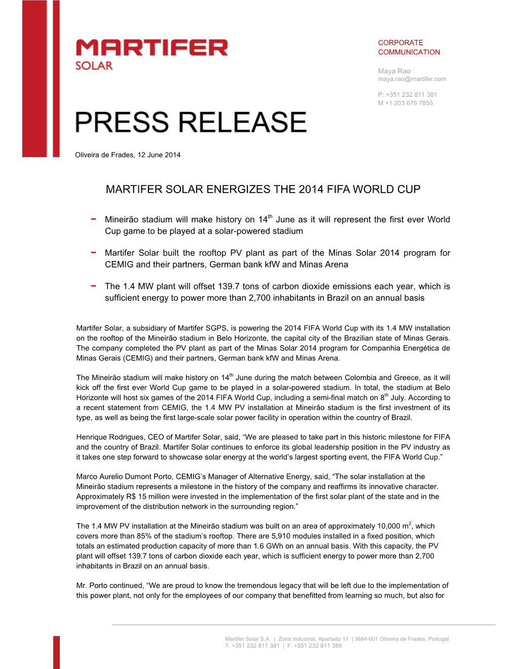 Martifer Solar Energizes the 2014 Fifa World Cup