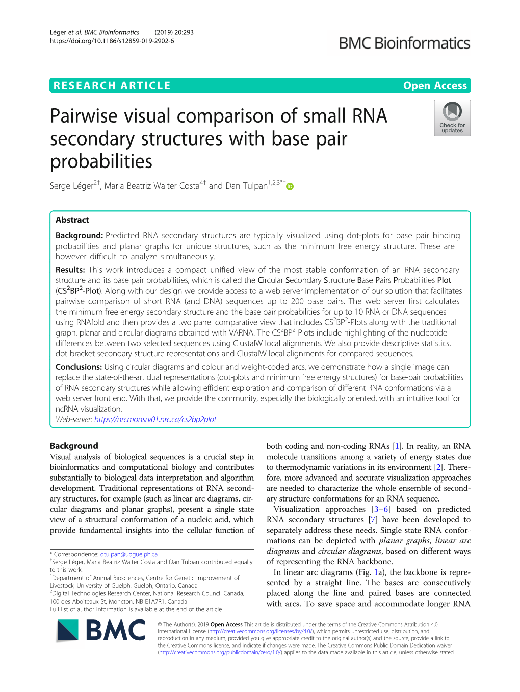 Pairwise Visual Comparison of Small RNA Secondary Structures with Base Pair Probabilities Serge Léger2†, Maria Beatriz Walter Costa4† and Dan Tulpan1,2,3*†