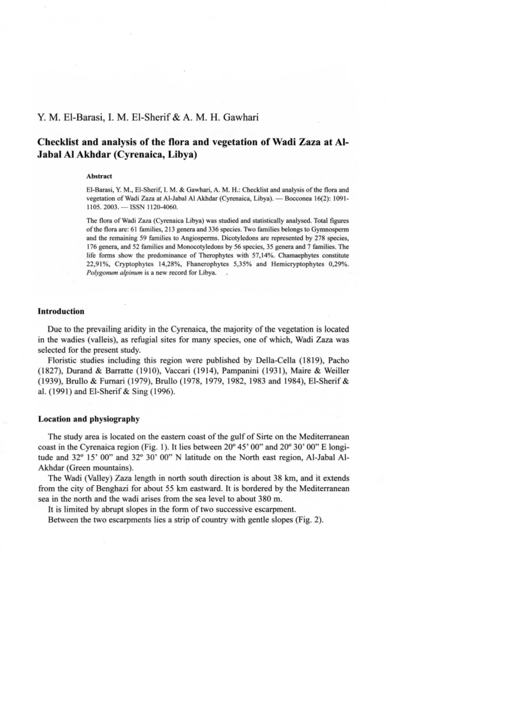 YM El-Barasi, L M. EI-Sherif & AMH Gawhari Checklist and Analysis of the Flora and Vegetation of Wadi Zaza at AI