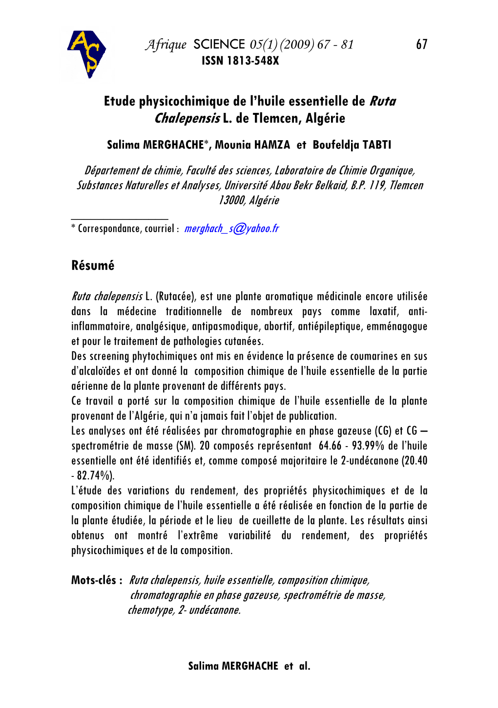 67 Etude Physicochimique De L'huile Essentielle De Ruta Chalepensis L