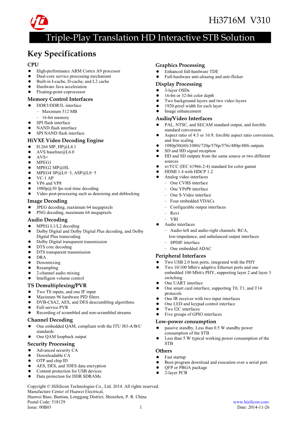 Hi3716m V310 Brief Data Sheet