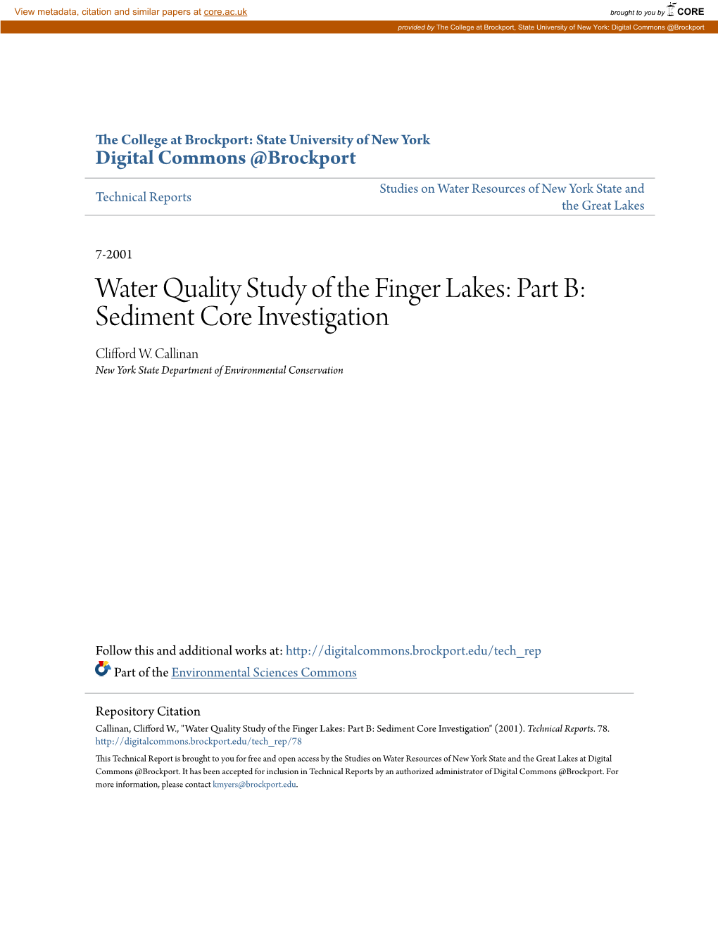 Water Quality Study of the Finger Lakes: Part B: Sediment Core Investigation Clifford W