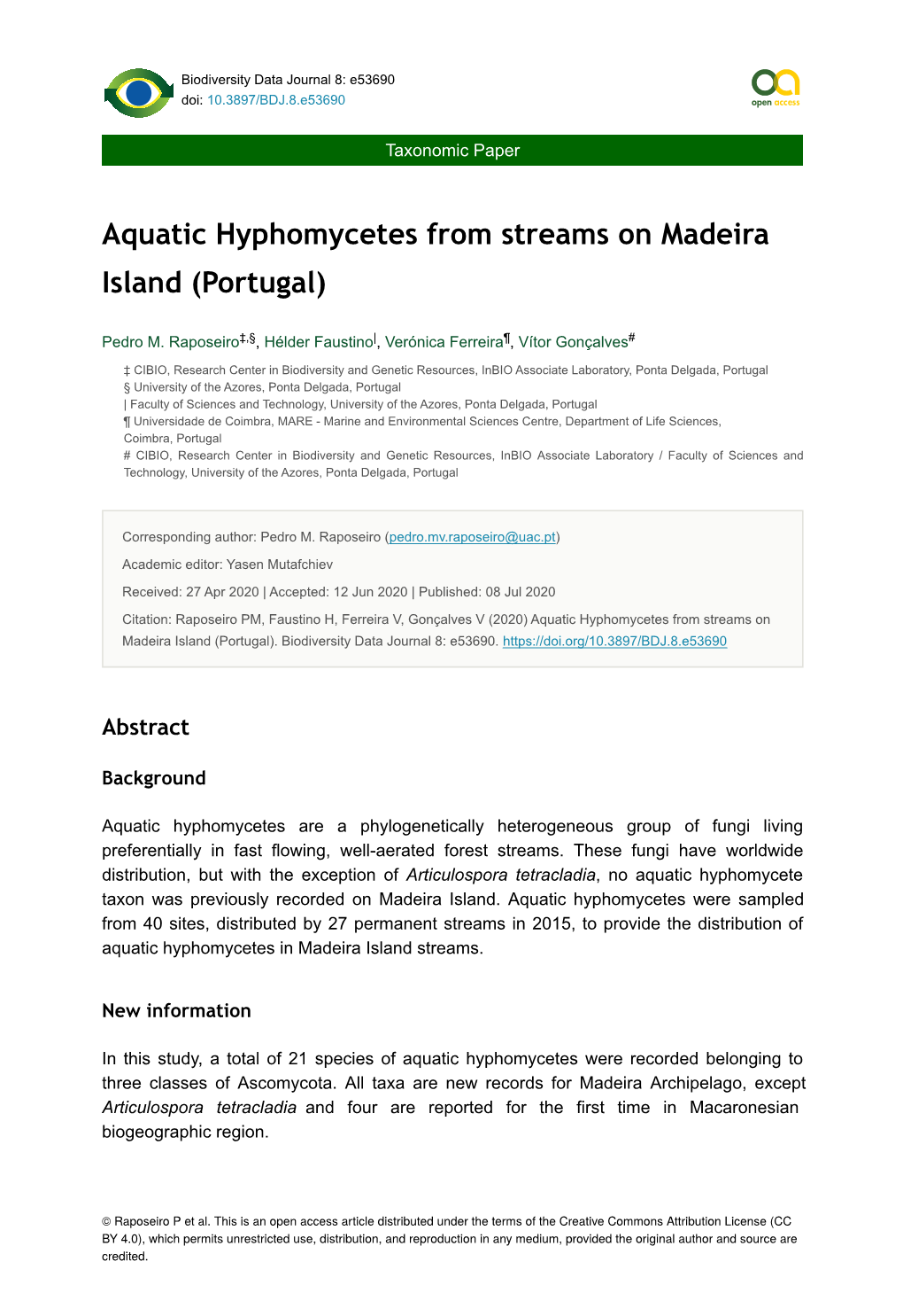 Aquatic Hyphomycetes from Streams on Madeira Island (Portugal)