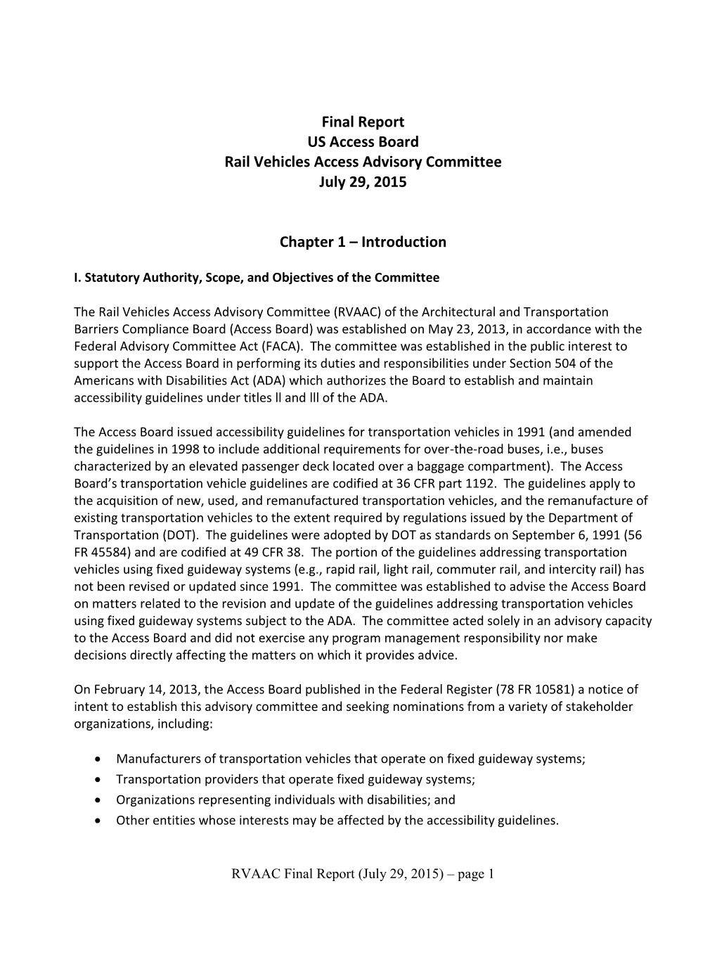 Final Report US Access Board Rail Vehicles Access Advisory Committee July 29, 2015