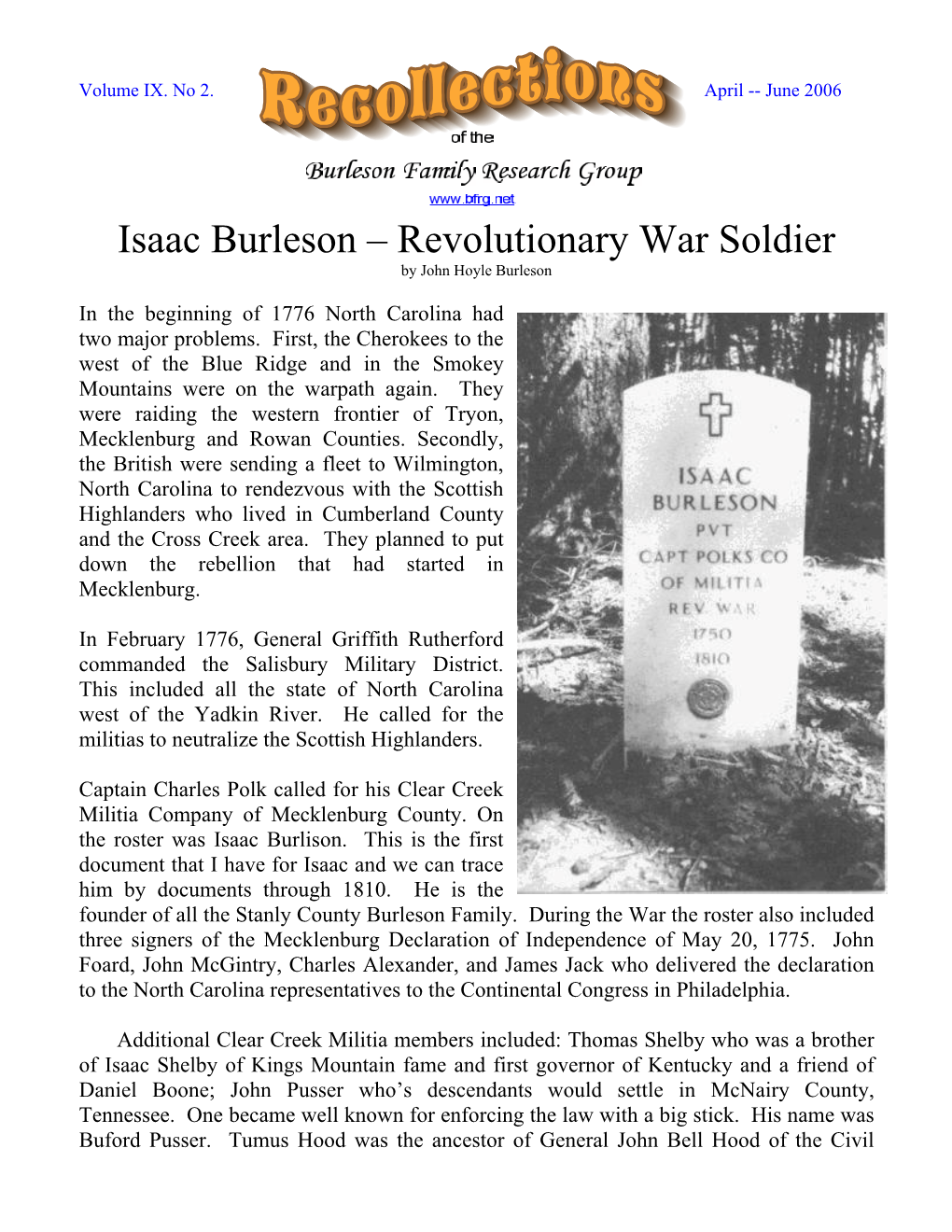 Isaac Burleson – Revolutionary War Soldier by John Hoyle Burleson