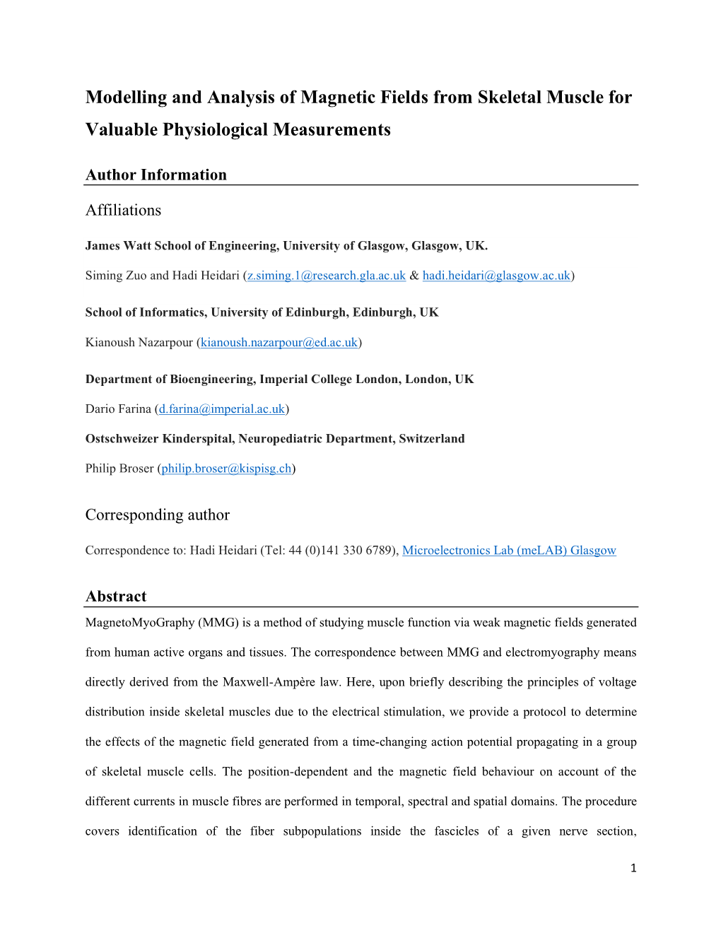 Modelling and Analysis of Magnetic Fields from Skeletal Muscle for Valuable Physiological Measurements