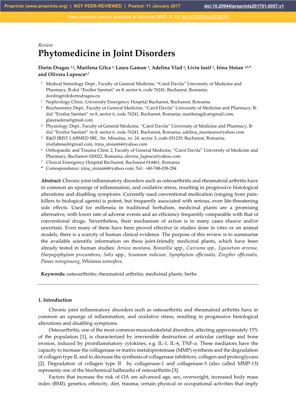 Phytomedicine in Joint Disorders