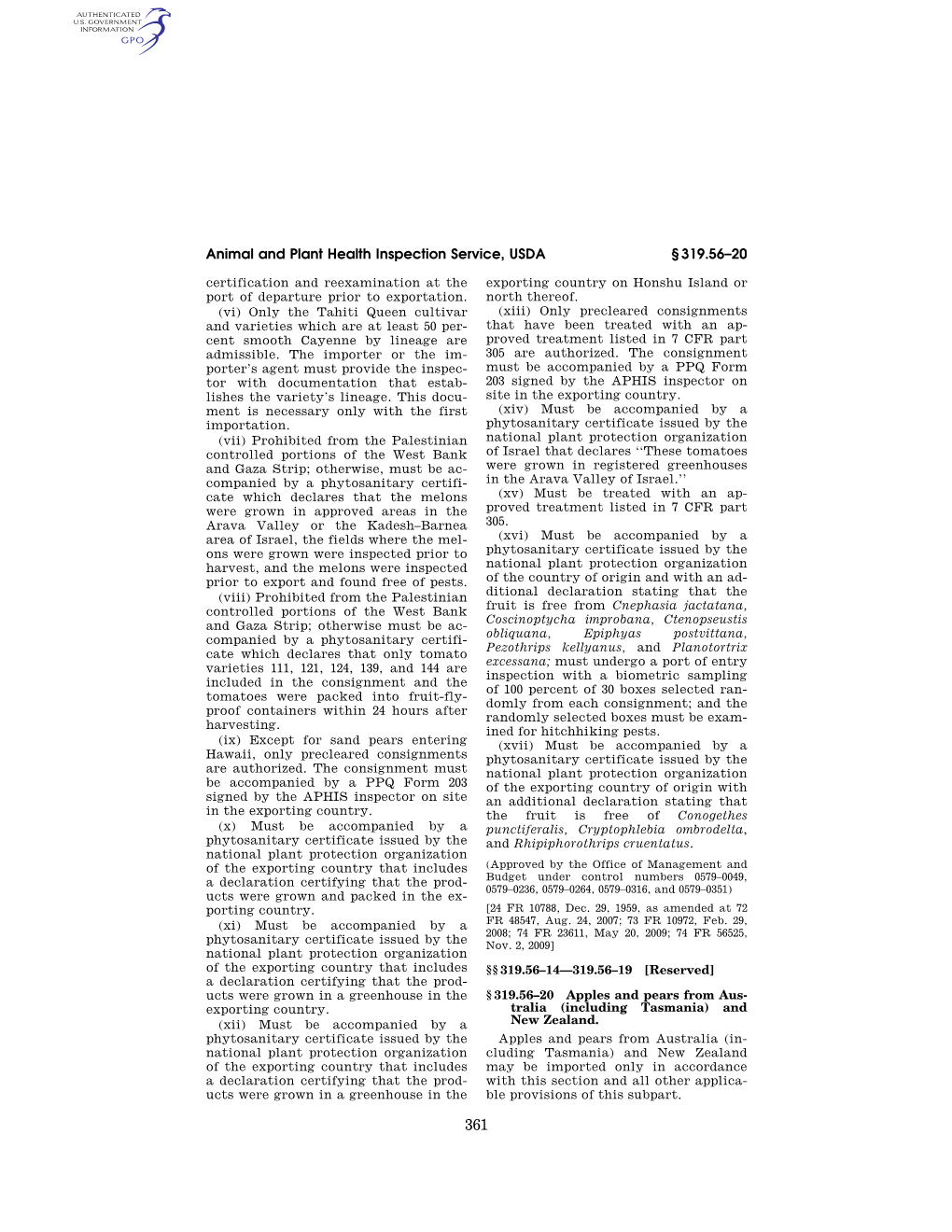 Animal and Plant Health Inspection Service, USDA § 319.56–20