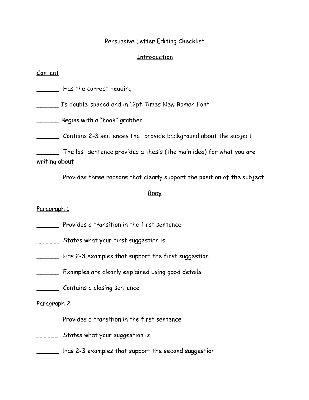 Persuasive Essay Editing Checklist