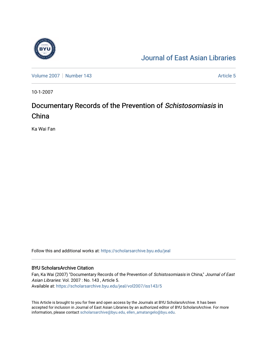 Documentary Records of the Prevention of Schistosomiasis in China