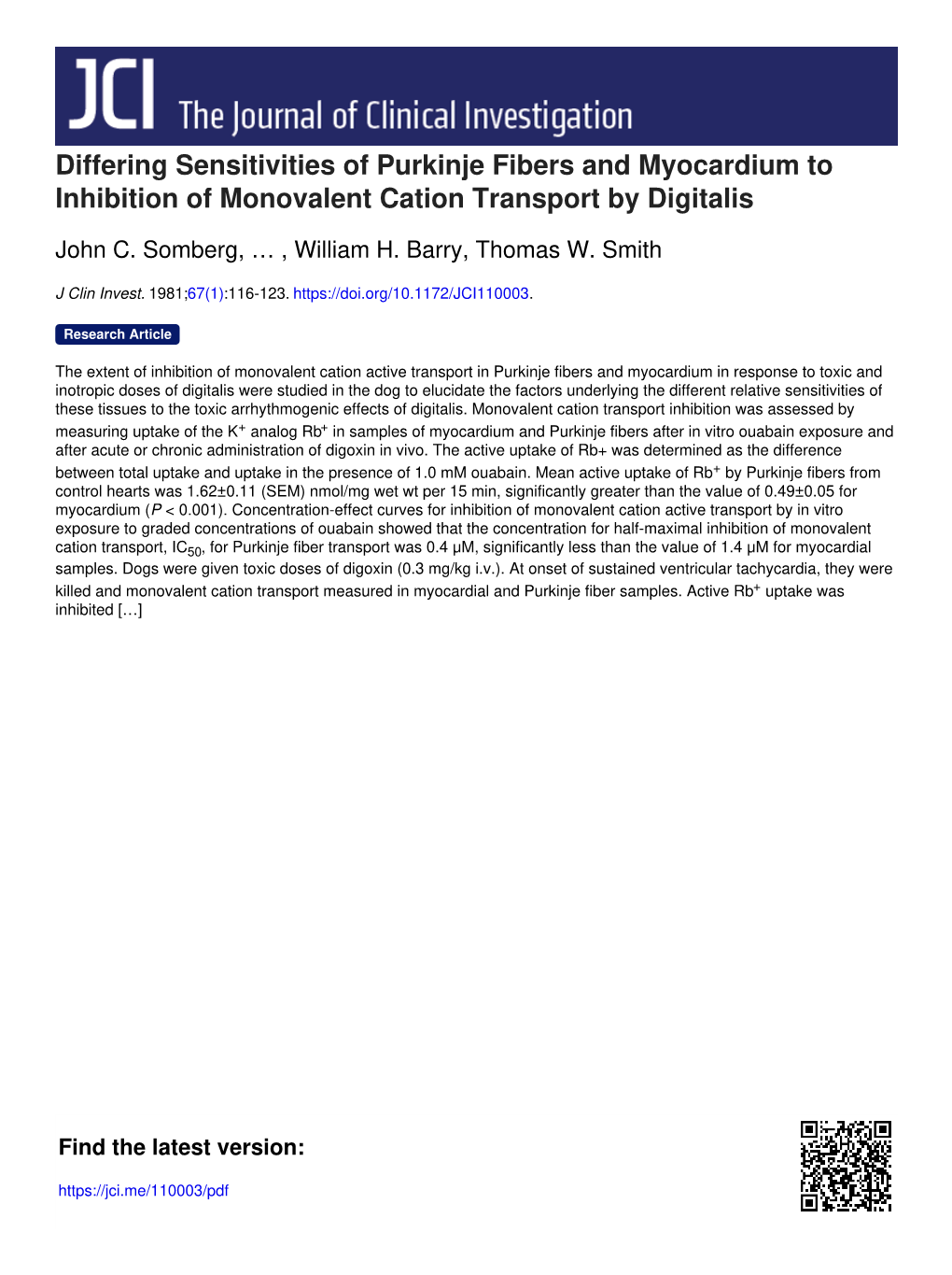 Differing Sensitivities of Purkinje Fibers and Myocardium to Inhibition of Monovalent Cation Transport by Digitalis