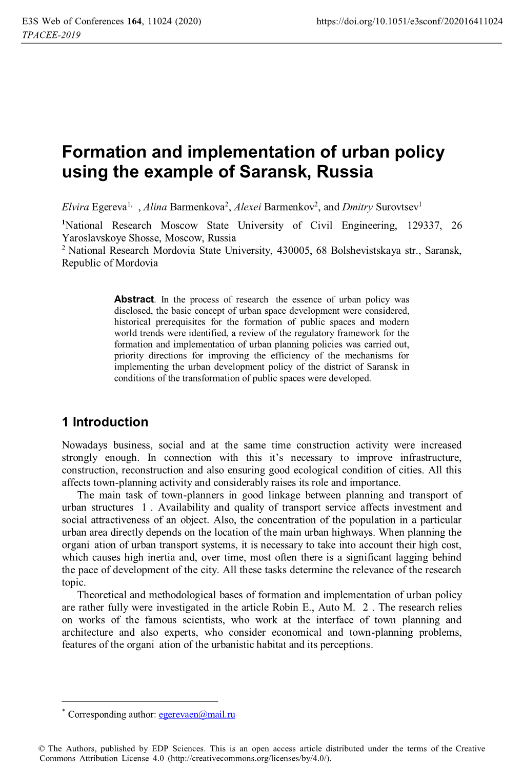 Formation and Implementation of Urban Policy Using the Example of Saransk, Russia