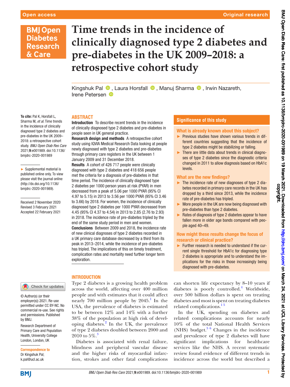 Time Trends in the Incidence of Clinically Diagnosed Type 2 Diabetes and Pre-Diabetes in the UK 2009–2018