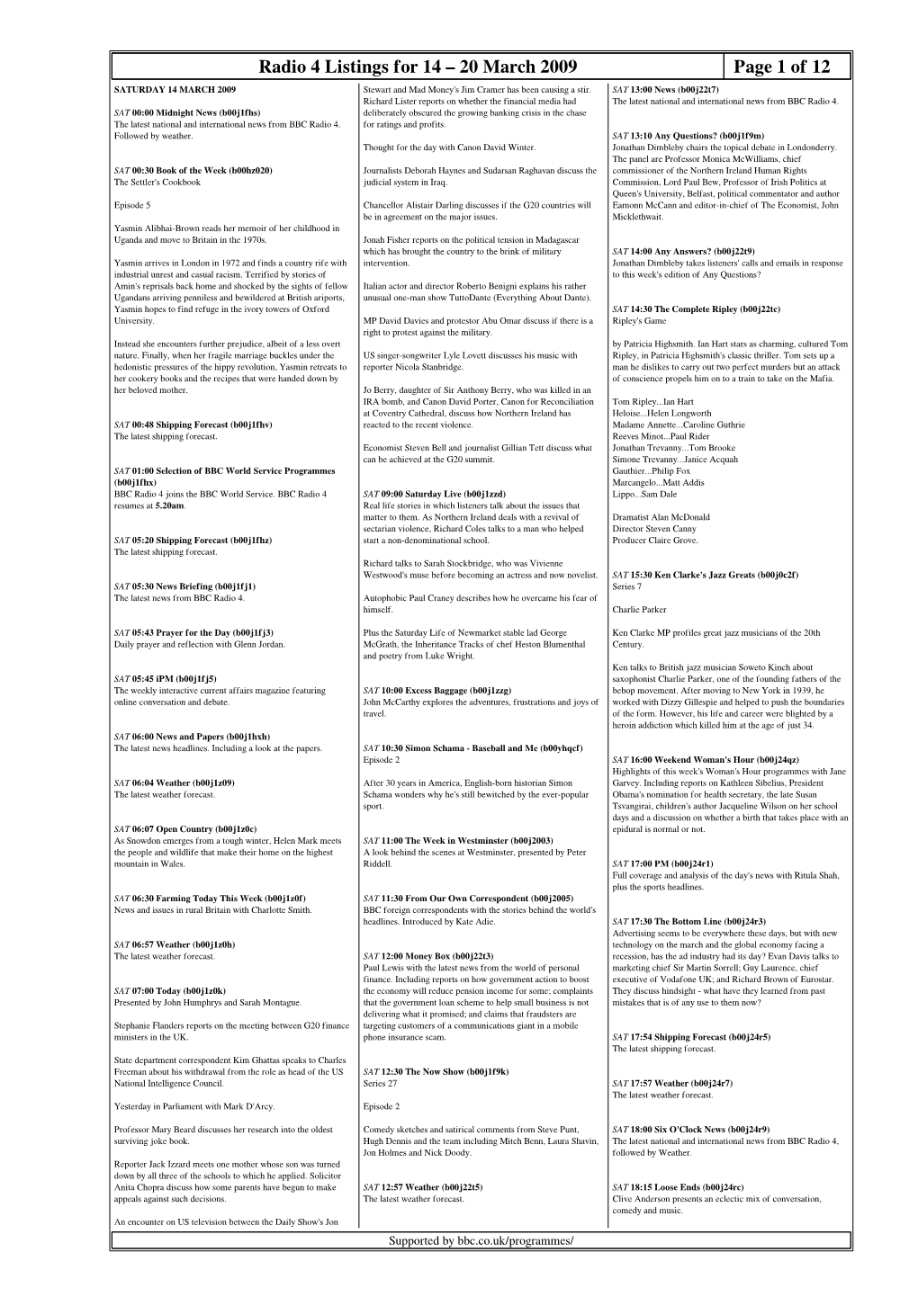 Radio 4 Listings for 14 – 20 March 2009 Page 1 of 12 SATURDAY 14 MARCH 2009 Stewart and Mad Money's Jim Cramer Has Been Causing a Stir