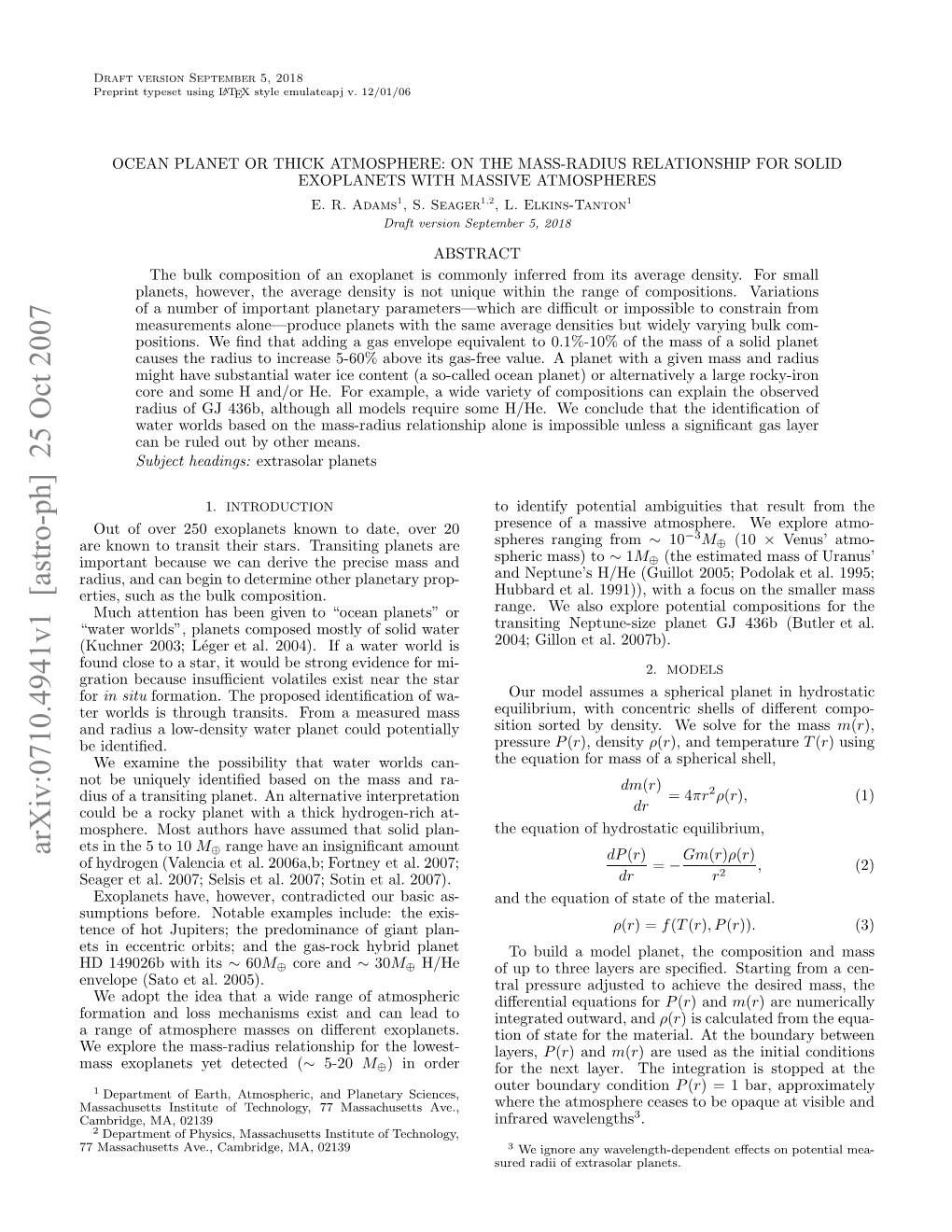 Arxiv:0710.4941V1 [Astro-Ph] 25 Oct 2007 7Msahstsae,Cmrde a 02139 MA, Cambridge, Ave., Massachusetts 77 Aseolnt E Eetd( Detected Lowest- the Yet Exoplanets