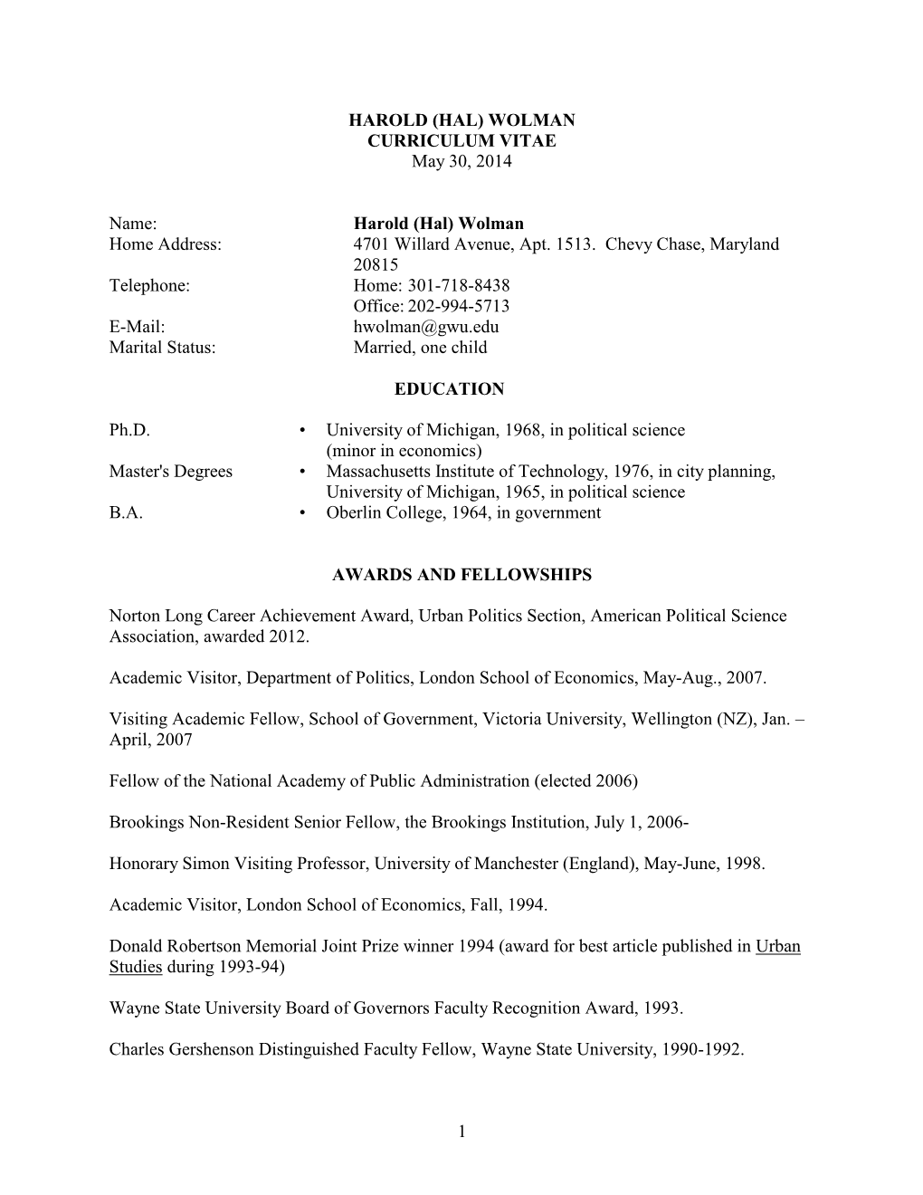 WOLMAN CURRICULUM VITAE May 30, 2014