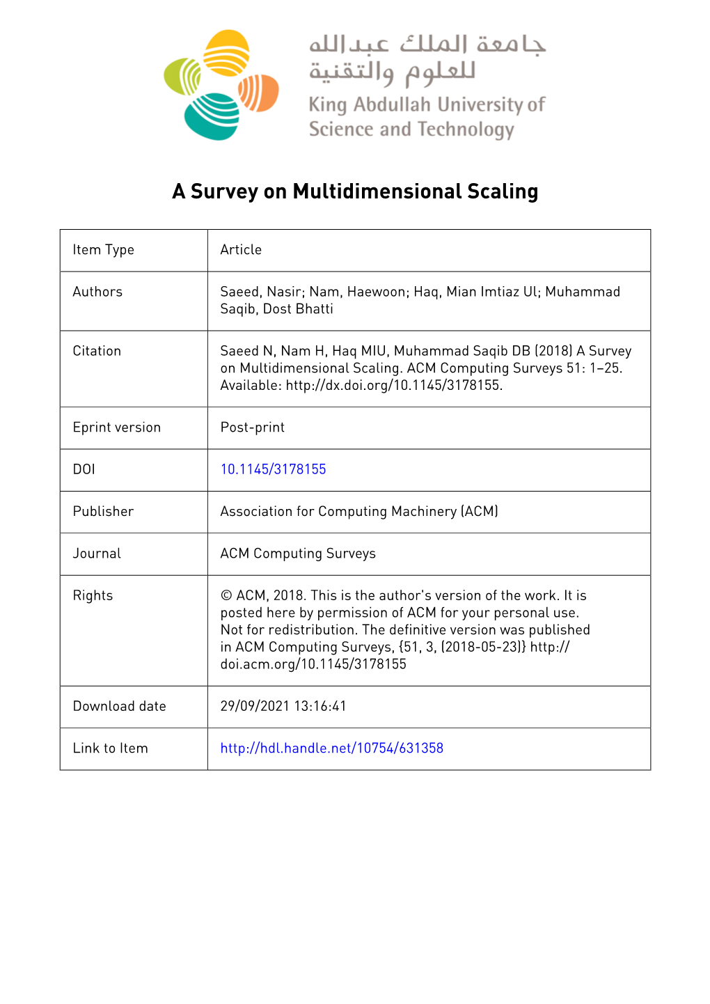 1 a Survey on Multidimensional Scaling