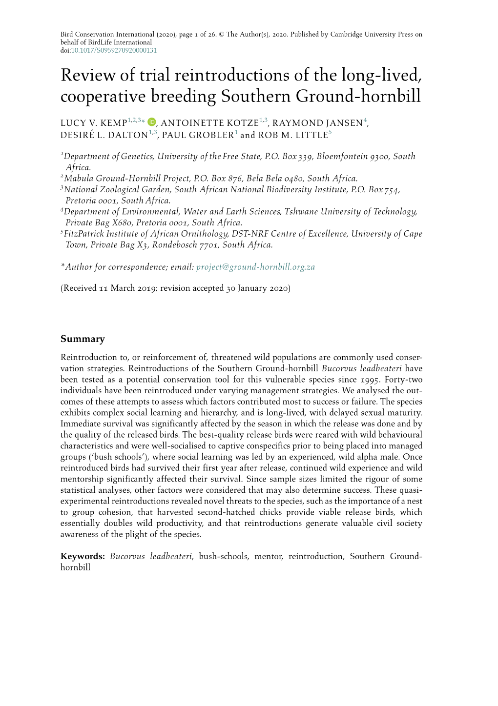 Review of Trial Reintroductions of the Long-Lived, Cooperative Breeding Southern Ground-Hornbill