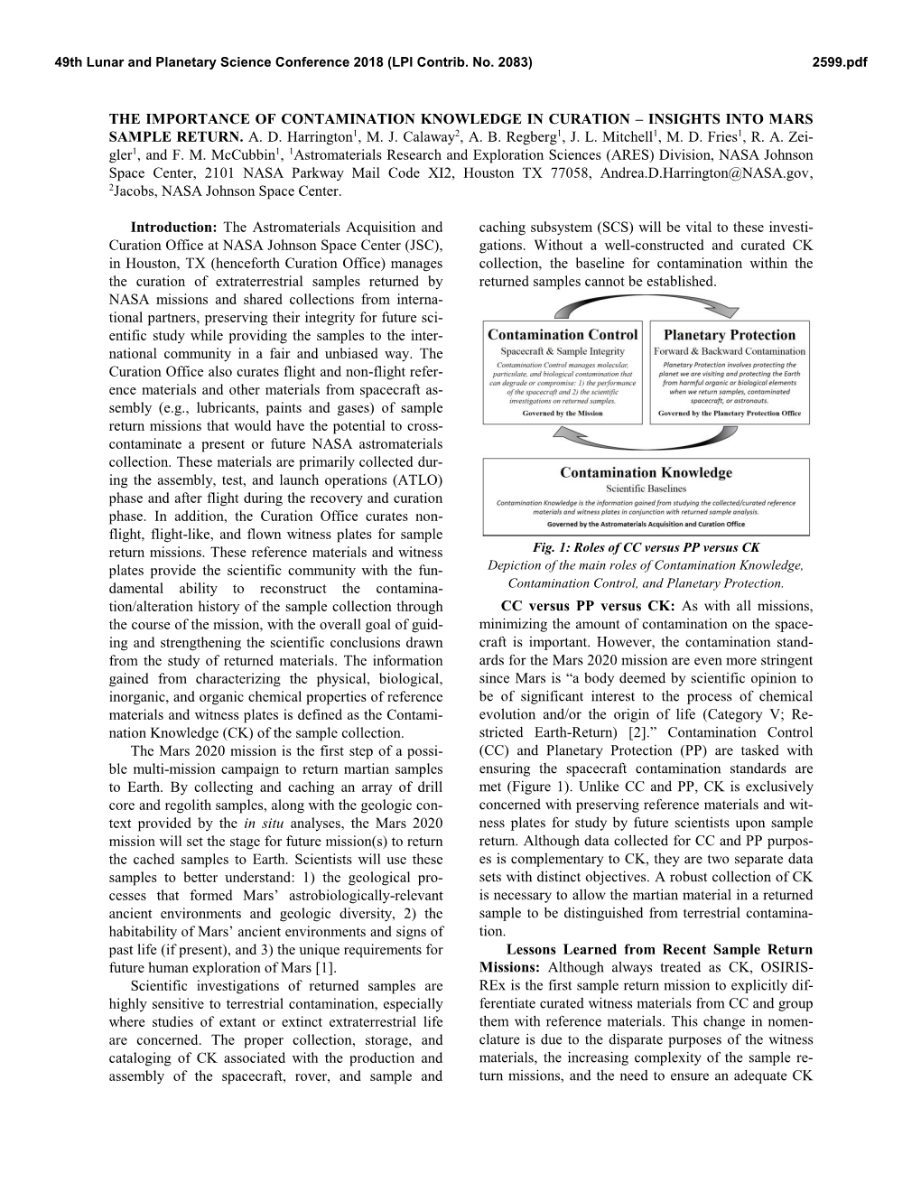 THE IMPORTANCE of CONTAMINATION KNOWLEDGE in CURATION – INSIGHTS INTO MARS SAMPLE RETURN. A. D. Harrington1, M. J. Calaway2, A