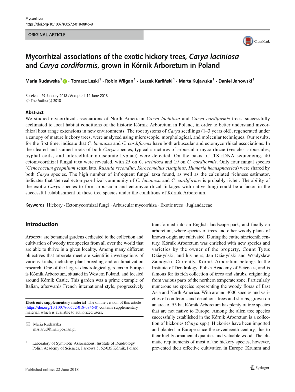 Mycorrhizal Associations of the Exotic Hickory Trees, Carya Laciniosa and Carya Cordiformis, Grown in Kórnik Arboretum in Poland