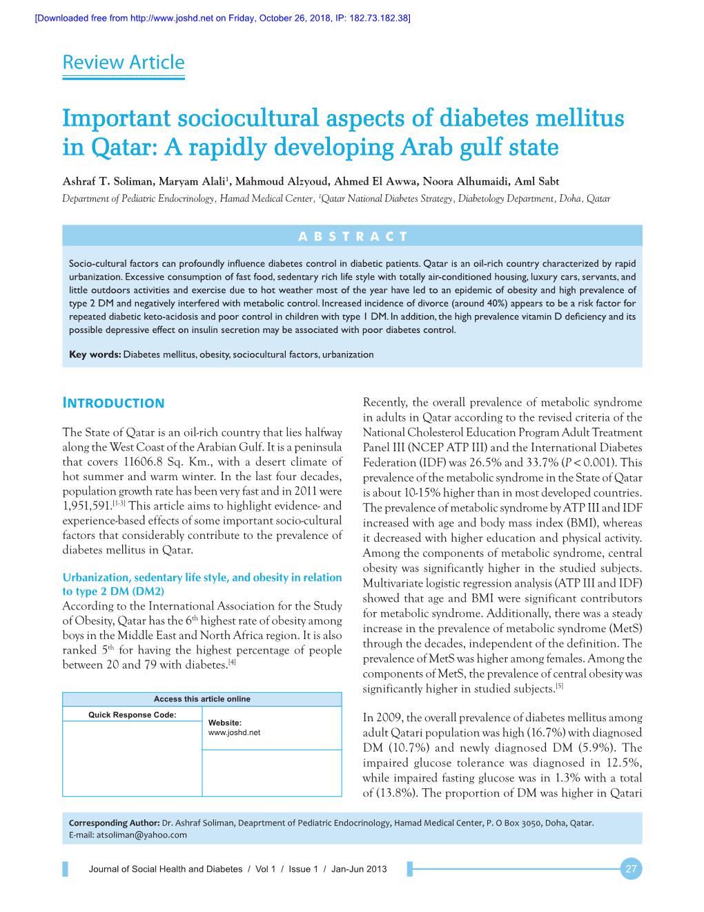 Important Sociocultural Aspects of Diabetes Mellitus in Qatar: a Rapidly Developing Arab Gulf State