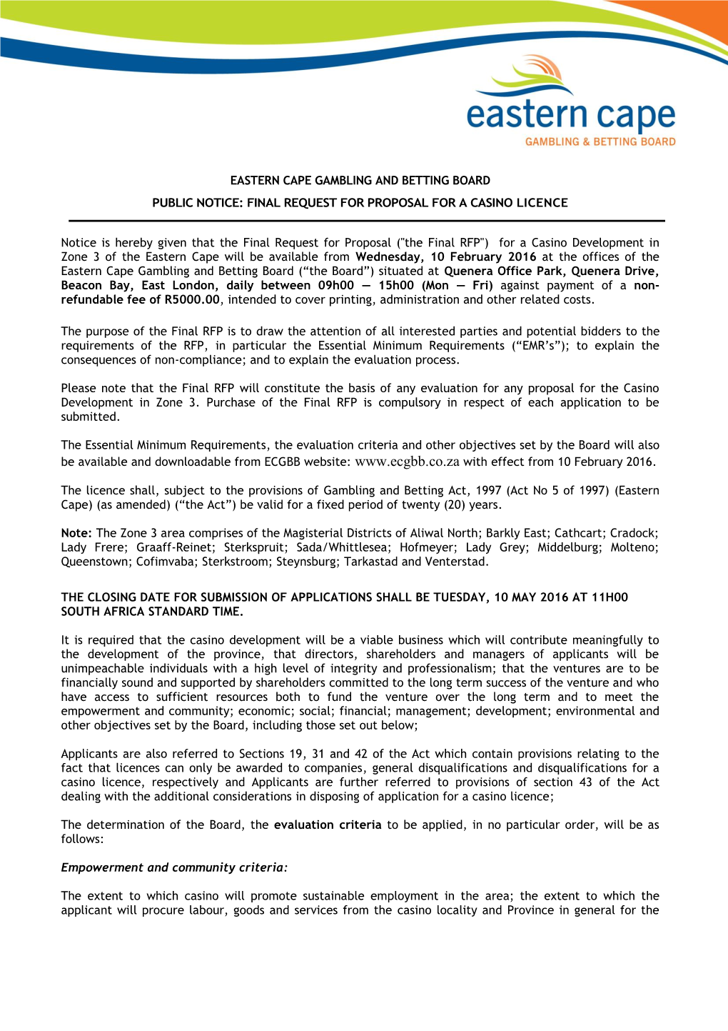 Eastern Cape Gambling and Betting Board Public Notice: Final Request for Proposal for a Casino Licence