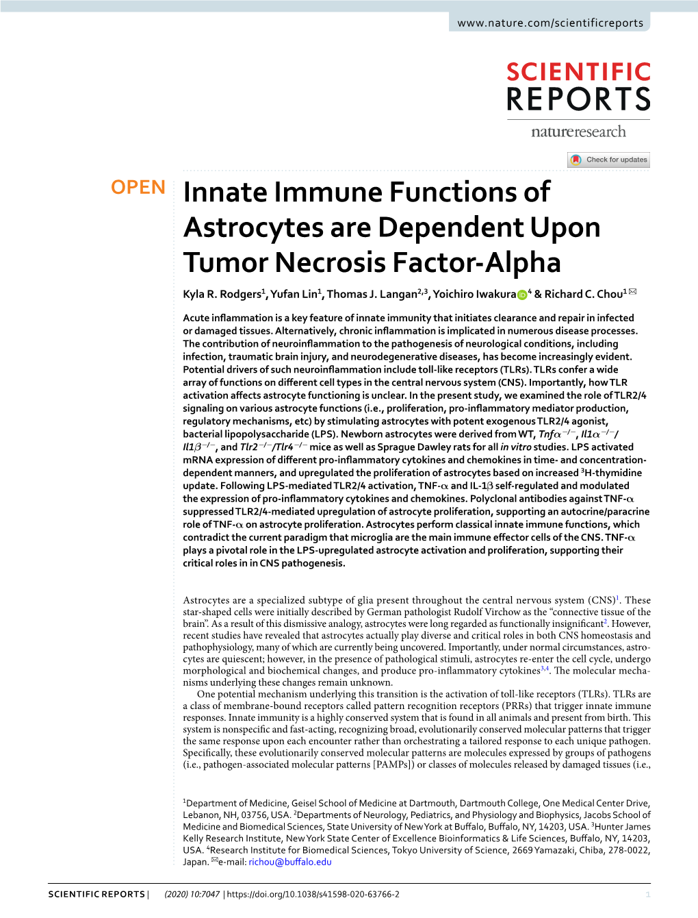 Innate Immune Functions of Astrocytes Are Dependent Upon Tumor Necrosis Factor-Alpha Kyla R