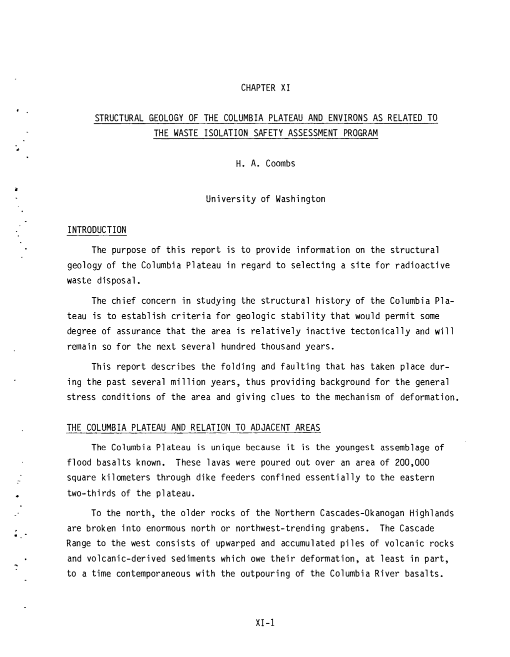 Chapter Xi Structural Geology of the Columbia Plateau and Environs As Related to the Waste Isolation Safety Assessment Program H