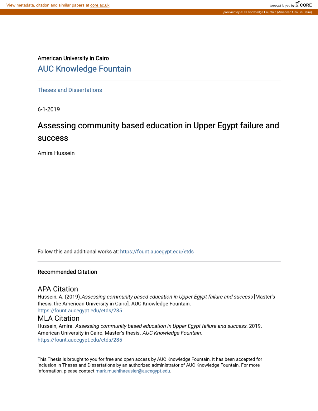 Assessing Community Based Education in Upper Egypt Failure and Success