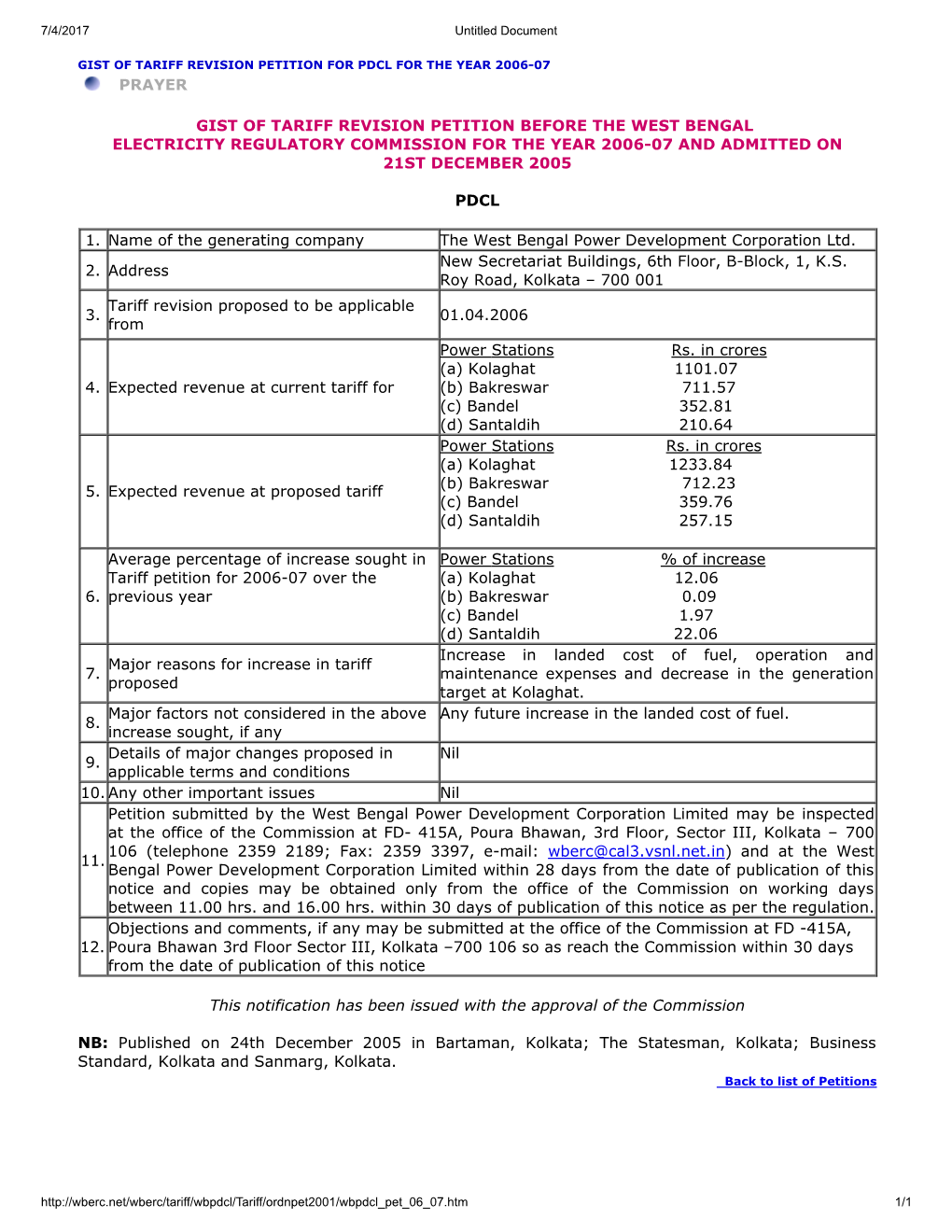 Prayer Gist of Tariff Revision Petition Before the West Bengal Electricity Regulatory Commission for the Year 2006-07 and Admitt