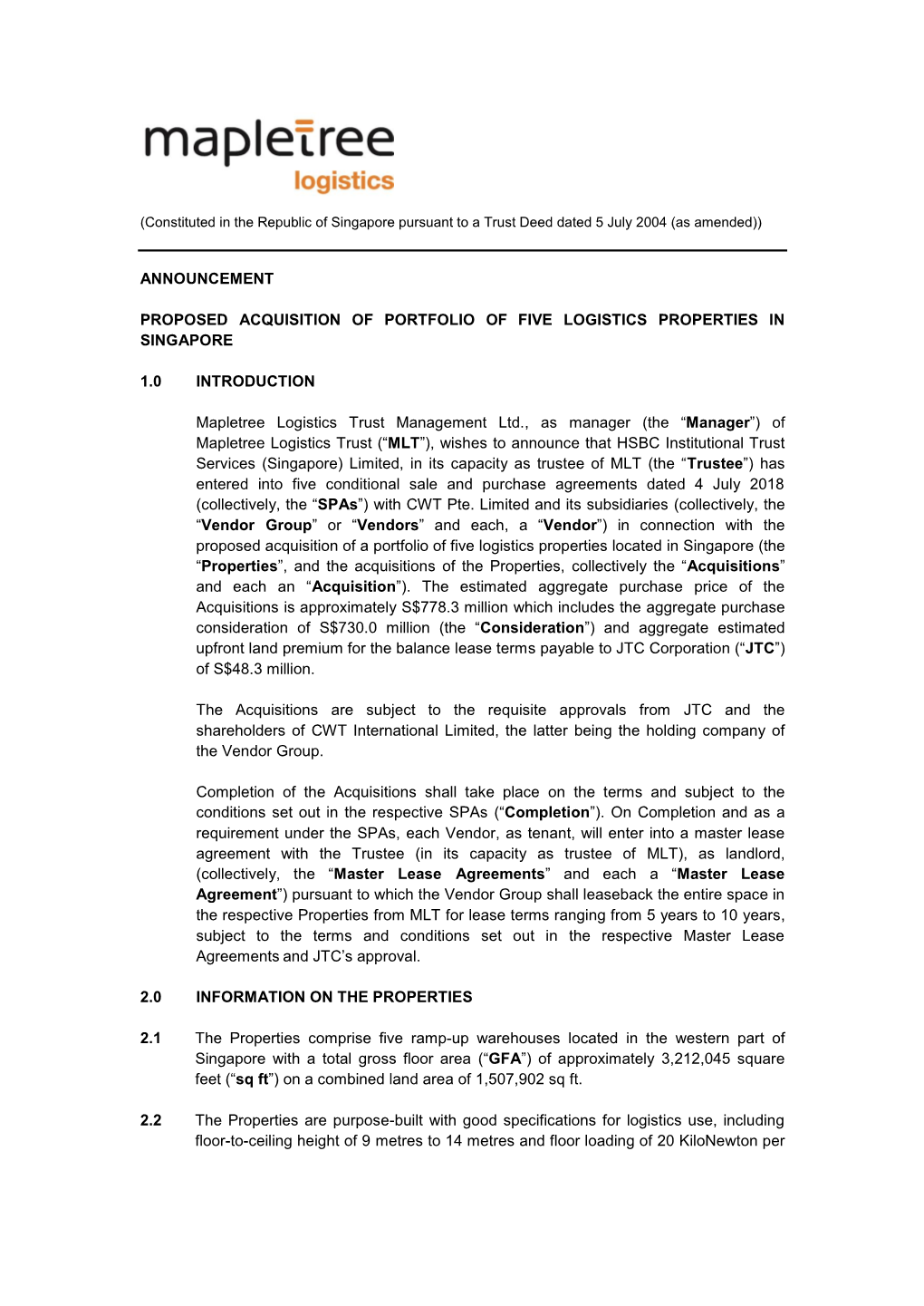 Proposed Acquisition of Portfolio of Five Logistics Properties in Singapore