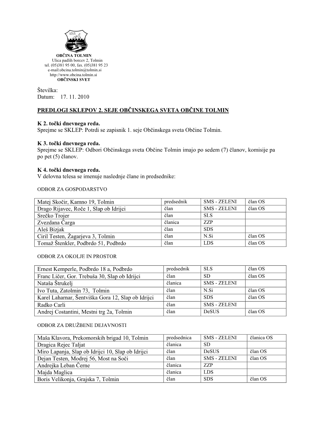17. 11. 2010 PREDLOGI SKLEPOV 2. SEJE OBČINSKEGA SVETA OBČINE TOLMIN K 2. Točki Dnevnega Reda. Sprejm