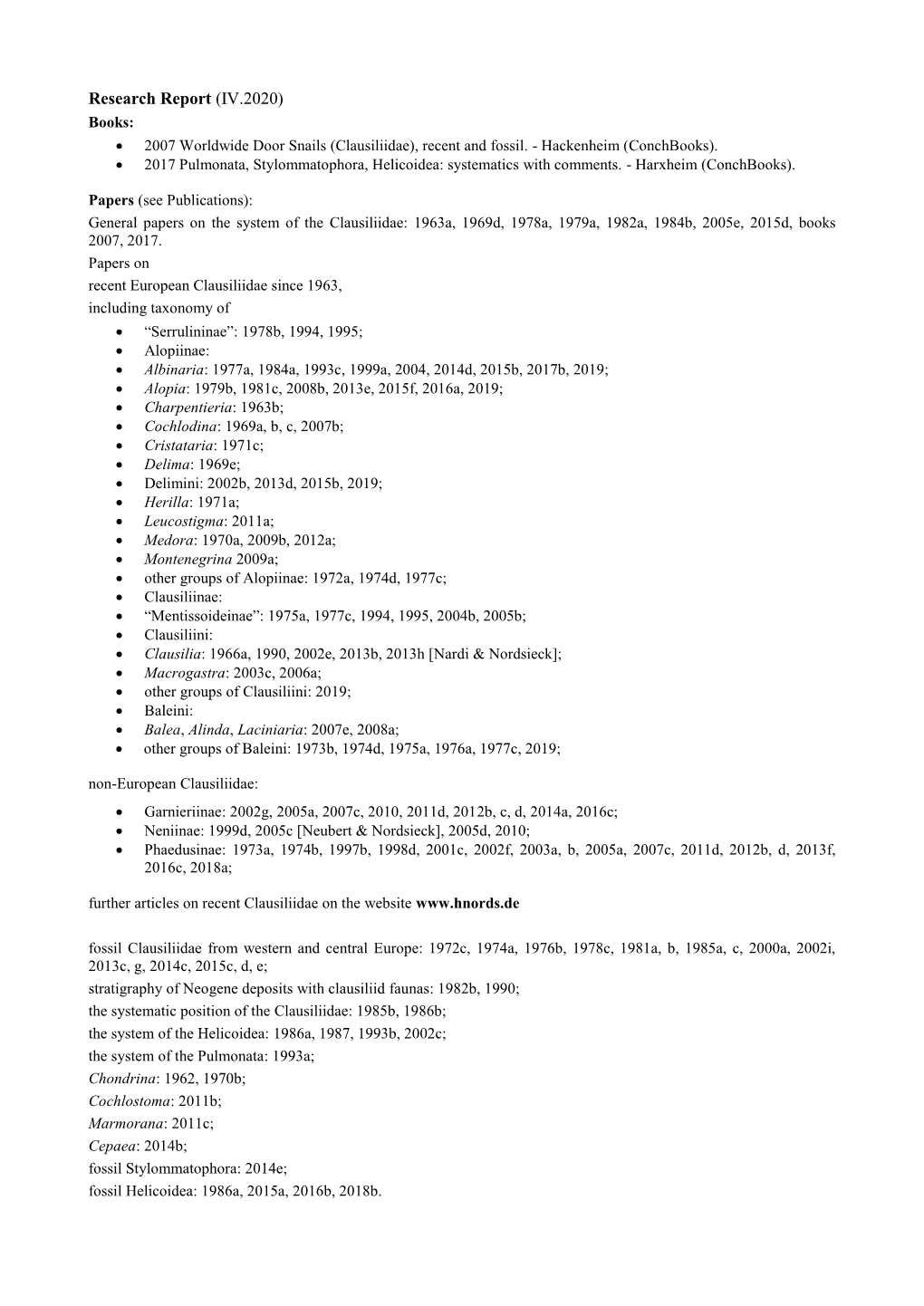 Research Report (IV.2020) Books:  2007 Worldwide Door Snails (Clausiliidae), Recent and Fossil