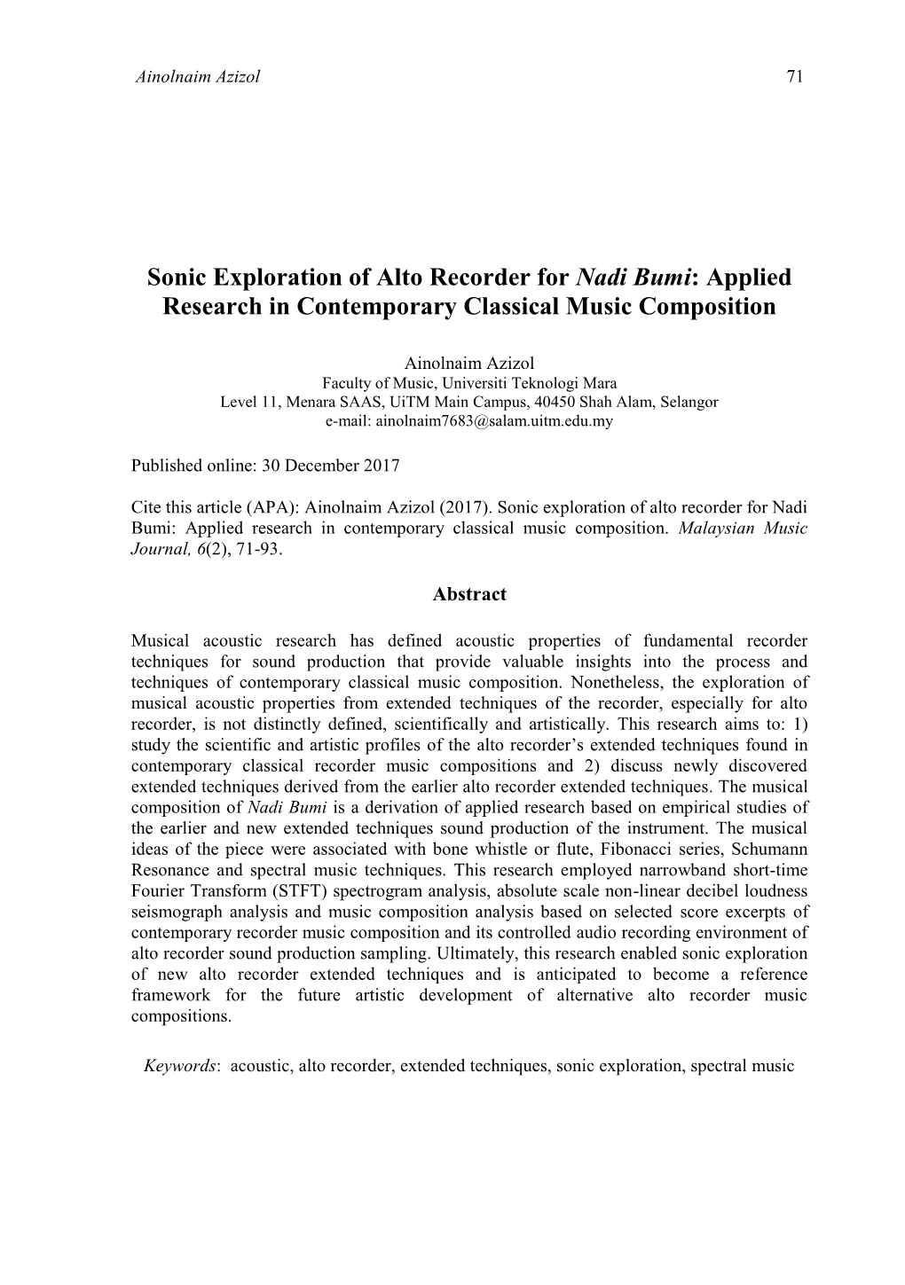 Sonic Exploration of Alto Recorder for Nadi Bumi: Applied Research in Contemporary Classical Music Composition