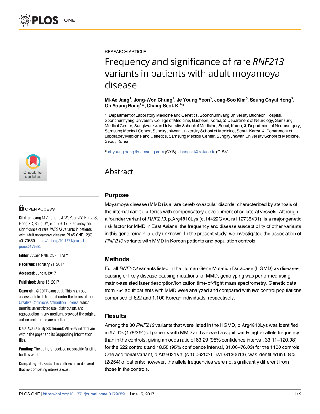Frequency and Significance of Rare RNF213 Variants in Patients with Adult Moyamoya Disease