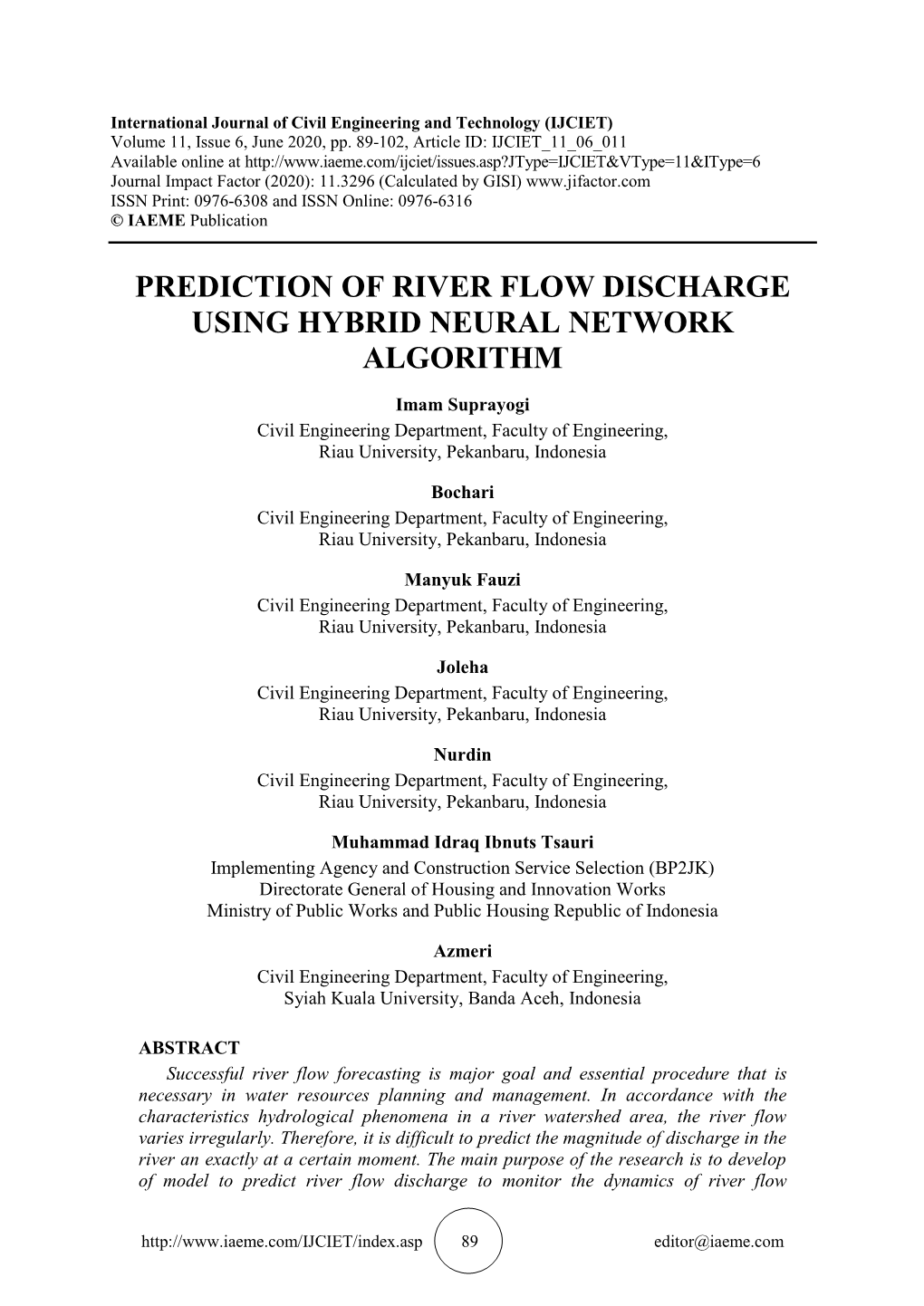 Prediction of River Flow Discharge Using Hybrid Neural Network Algorithm