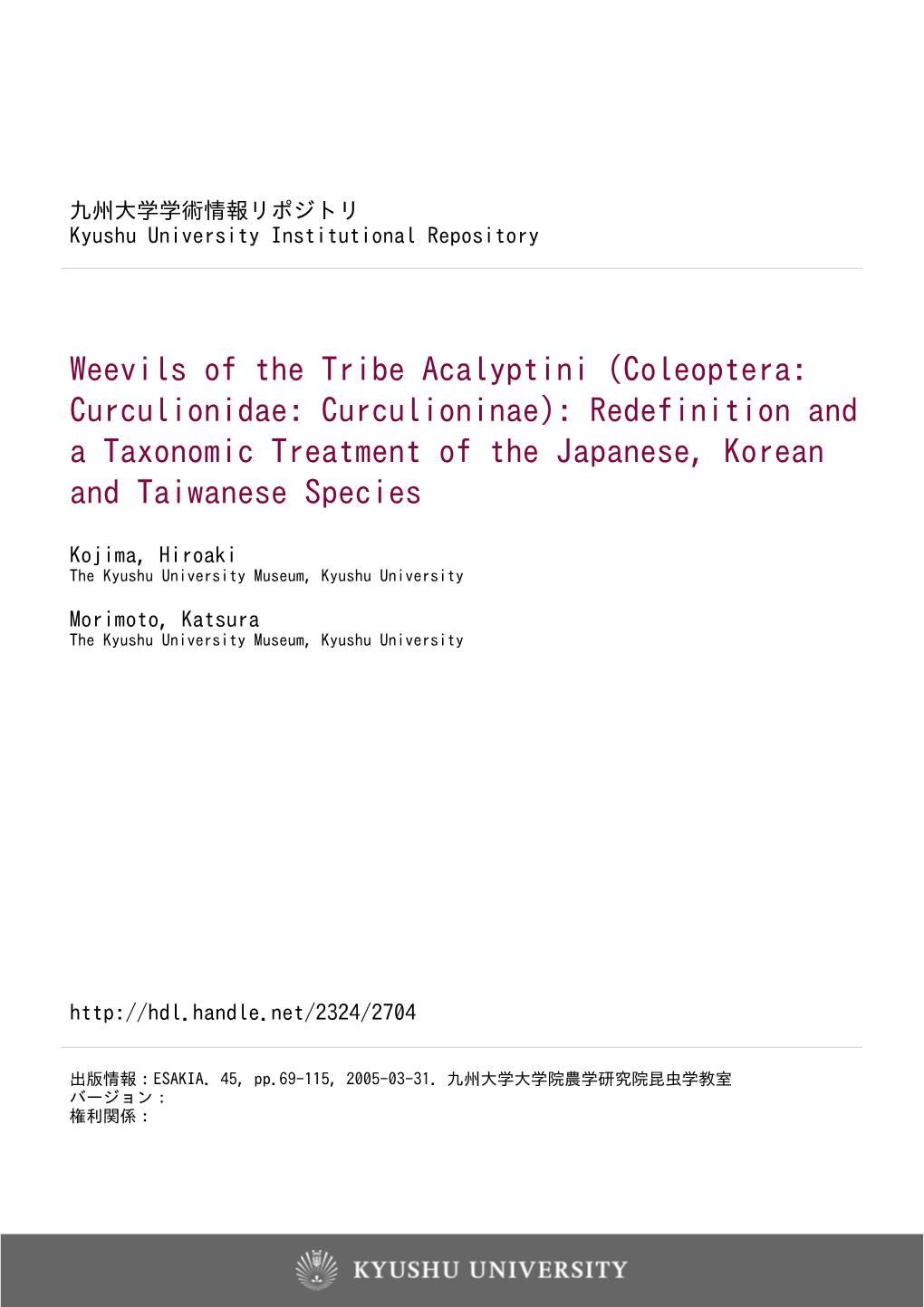 Weevils of the Tribe Acalyptini (Coleoptera: Curculionidae: Curculioninae): Redefinition and a Taxonomic Treatment of the Japanese, Korean and Taiwanese Species