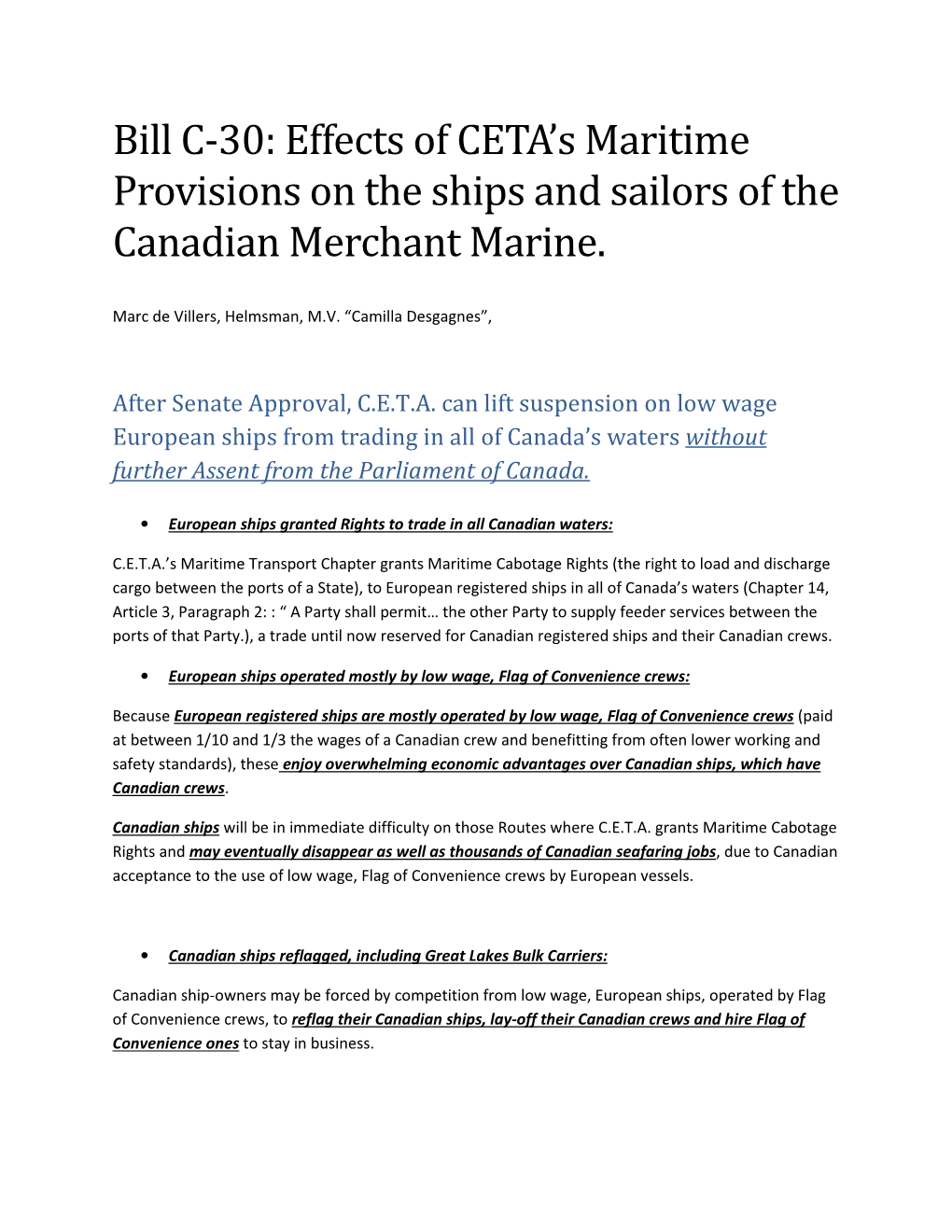 Bill C-30: Effects of CETA's Maritime Provisions on the Ships and Sailors of the Canadian Merchant Marine