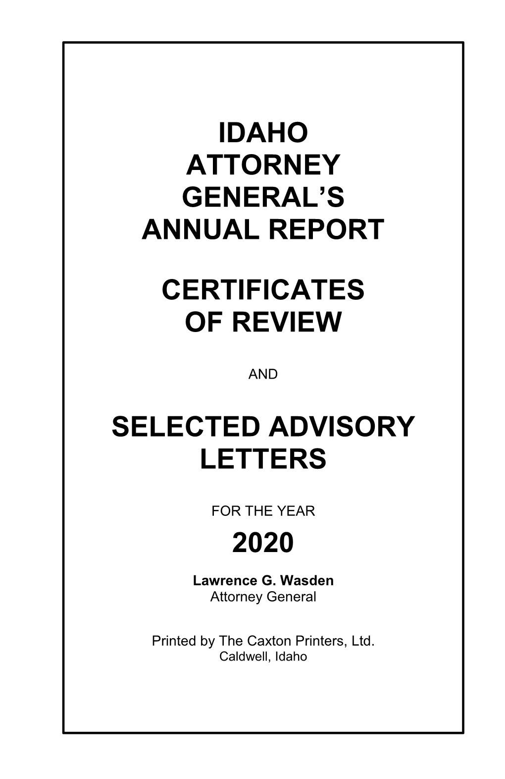 Idaho Attorney General's Annual Report Certificates of Review