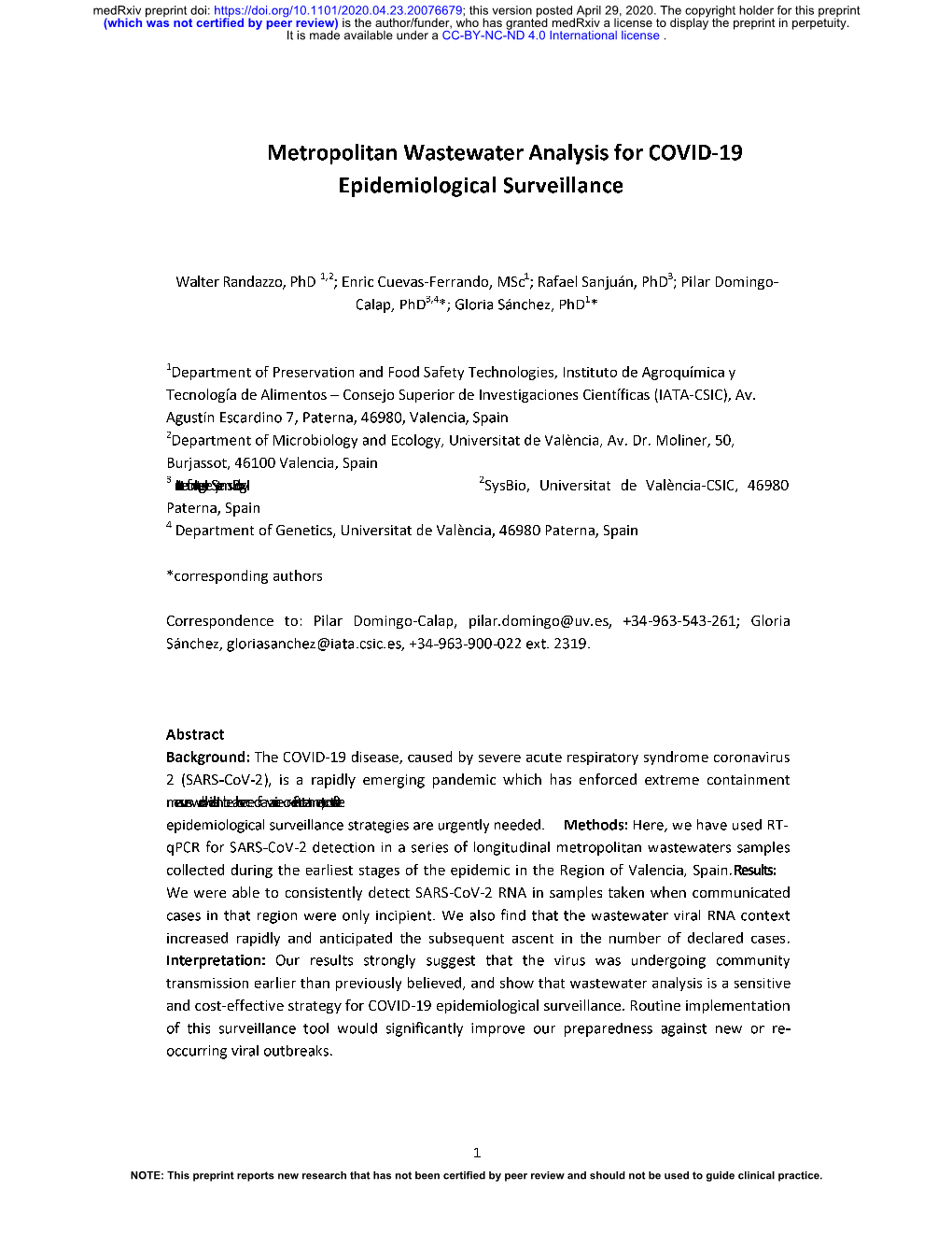 Metropolitan Wastewater Analysis for COVID-19 Epidemiological Surveillance