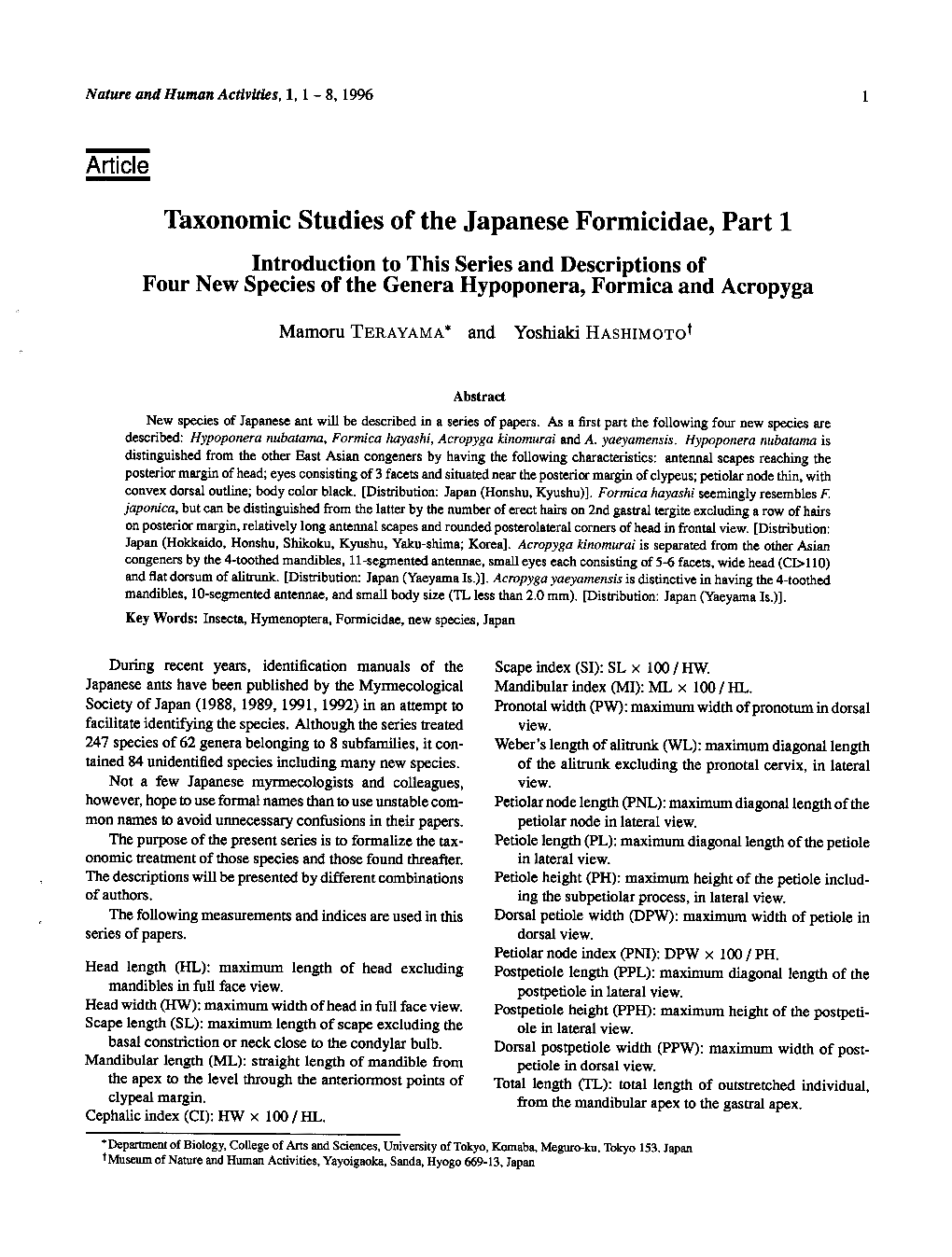 Taxonomic Studies of the Japanese Formicidae, Part 1