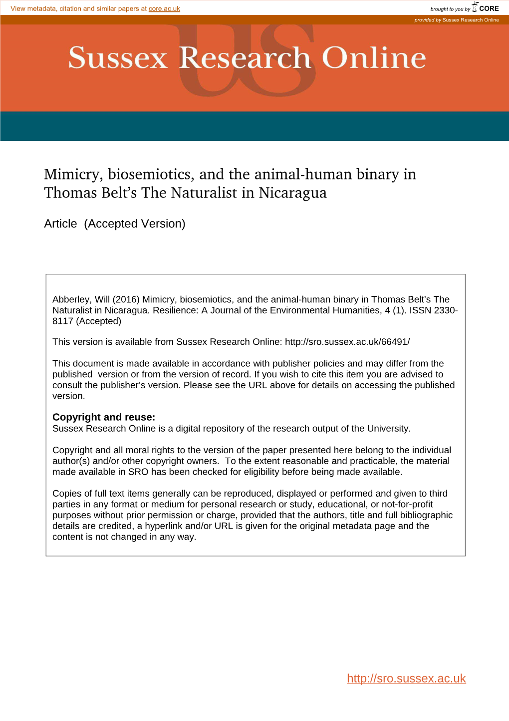 Mimicry, Biosemiotics, and the Animal-Human Binary in Thomas Belt’S the Naturalist in Nicaragua