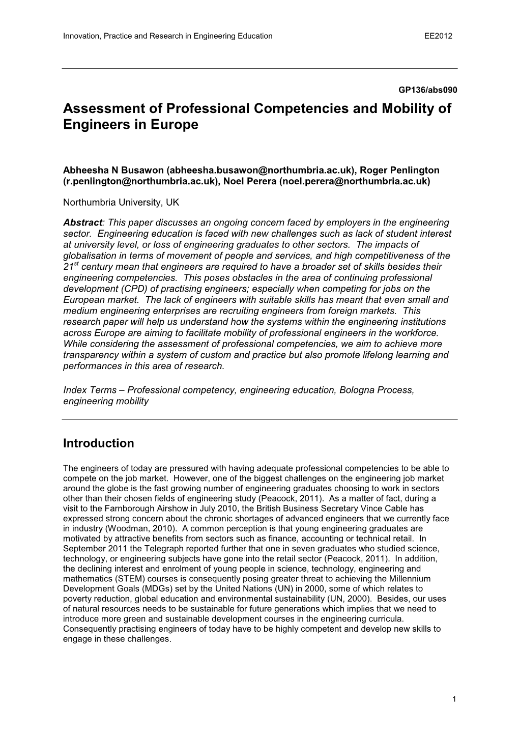 Assessment of Professional Competencies and Mobility of Engineers in Europe